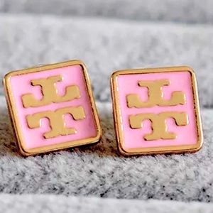 Tory Burch pink square gold logo stud earrings